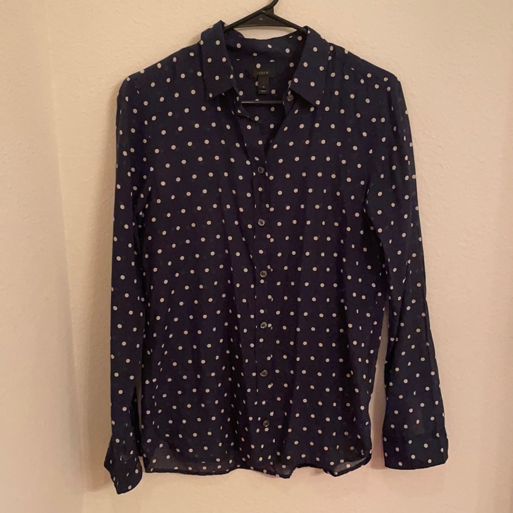 JCrew navy and white polka dot button down